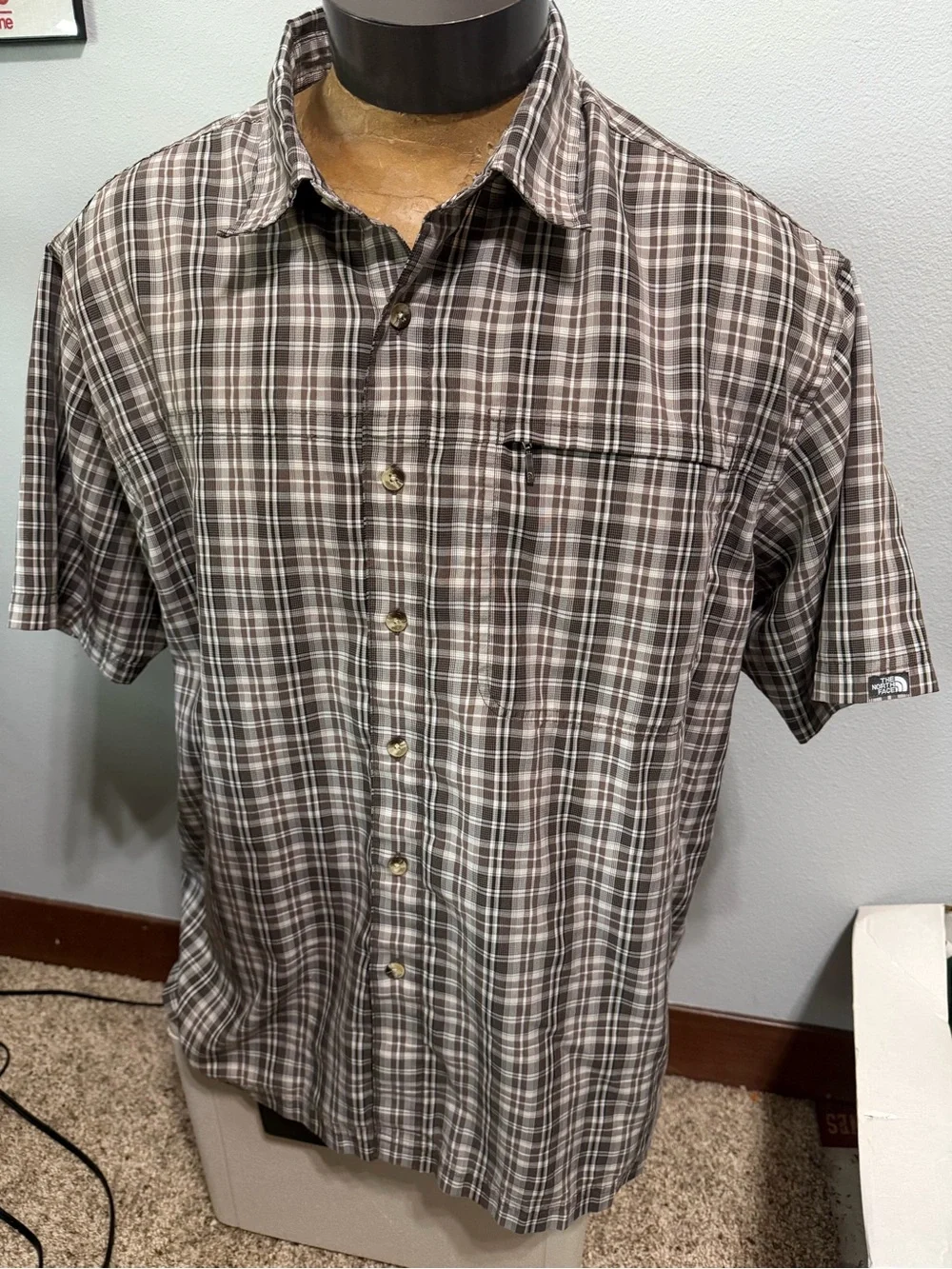 The North Face Men's Brown and White Plaid Short-Sleeve Button-Down Shirt